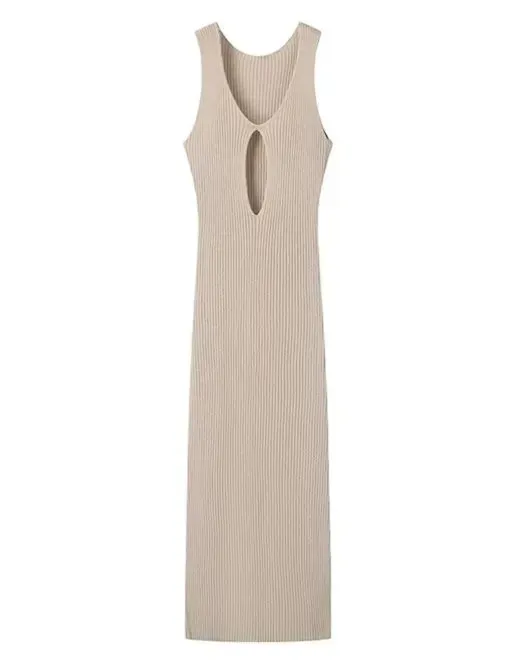Sleeveless V-neck Midi Dress with Hollow Slit and Ribbed Texture