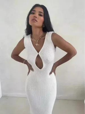 Sleeveless V-neck Midi Dress with Hollow Slit and Ribbed Texture