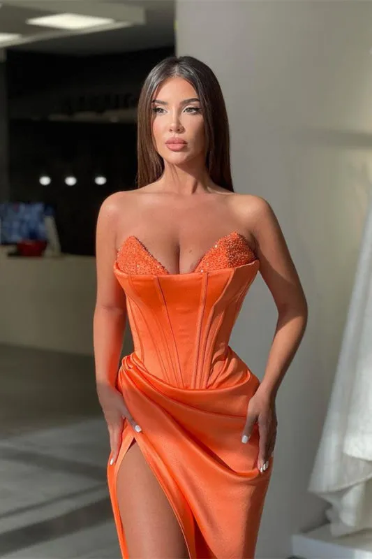 Sleeveless V-Neck Orange Mermaid Beads Prom Dress With Split