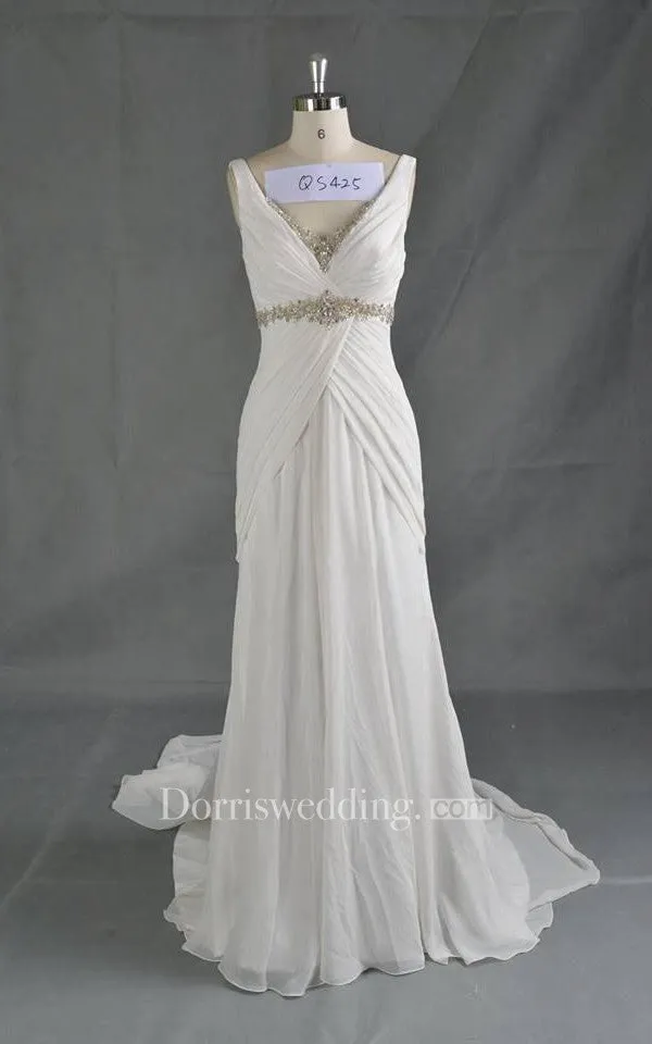 Sleeveless V-Neck Pleated Chiffon A-Line Dress With Crystal Detailing