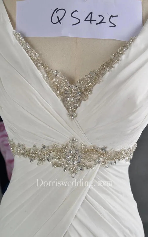 Sleeveless V-Neck Pleated Chiffon A-Line Dress With Crystal Detailing
