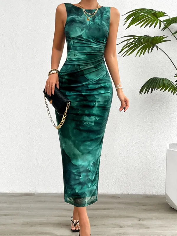 Slim Fit Mesh Maxi Dress with Ruched Detail