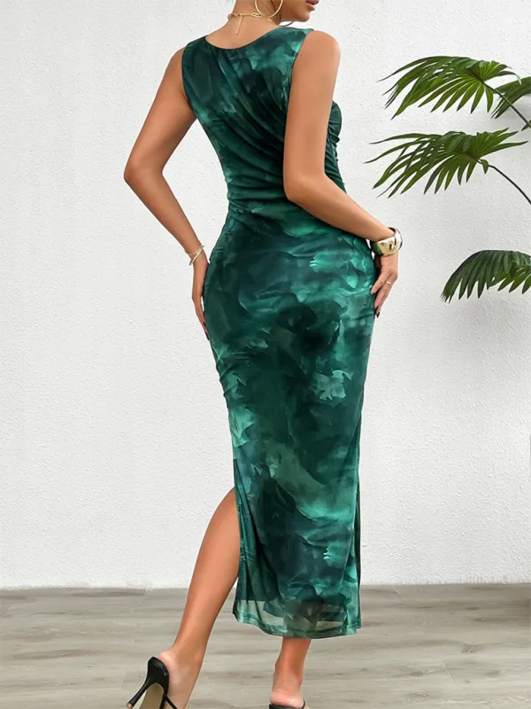 Slim Fit Mesh Maxi Dress with Ruched Detail