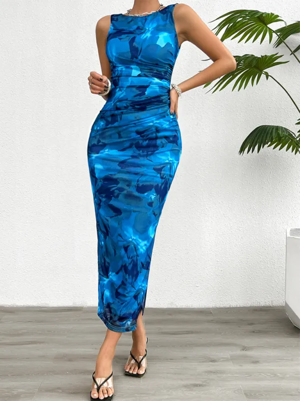 Slim Fit Mesh Maxi Dress with Ruched Detail