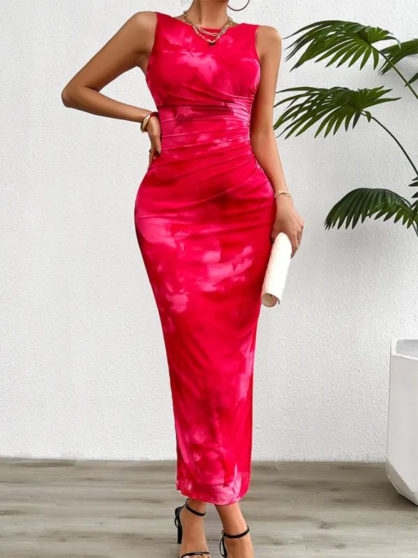 Slim Fit Mesh Maxi Dress with Ruched Detail