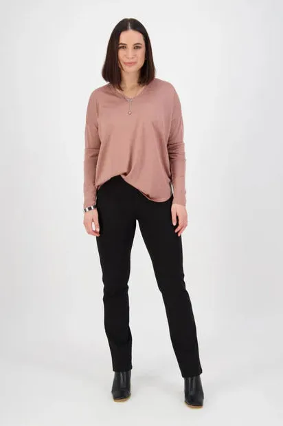Slim Leg Full Length Ponti Pant With Fly - Black