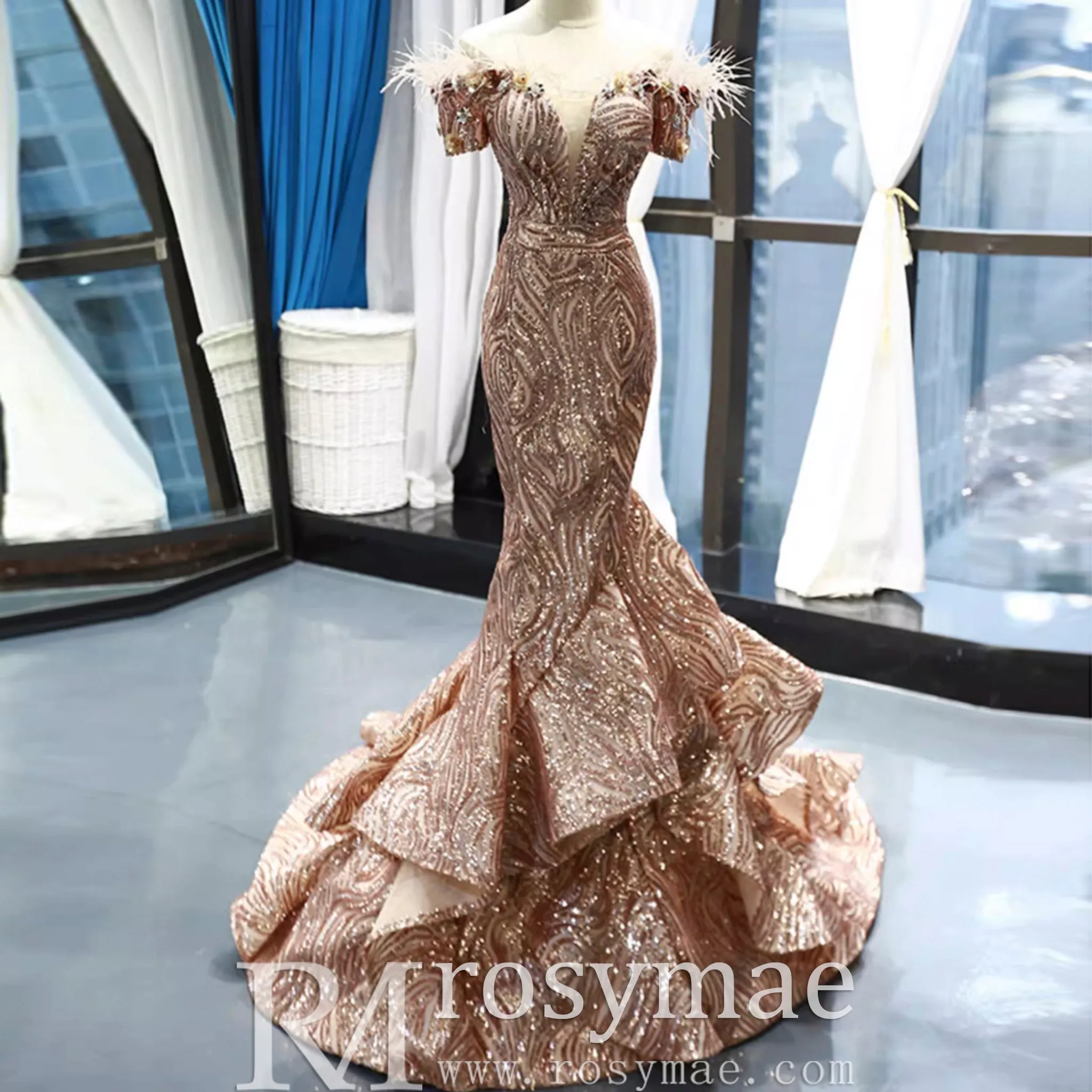Sparkly Sequin Mermaid Prom Dress Brown Feather Pageant Gown