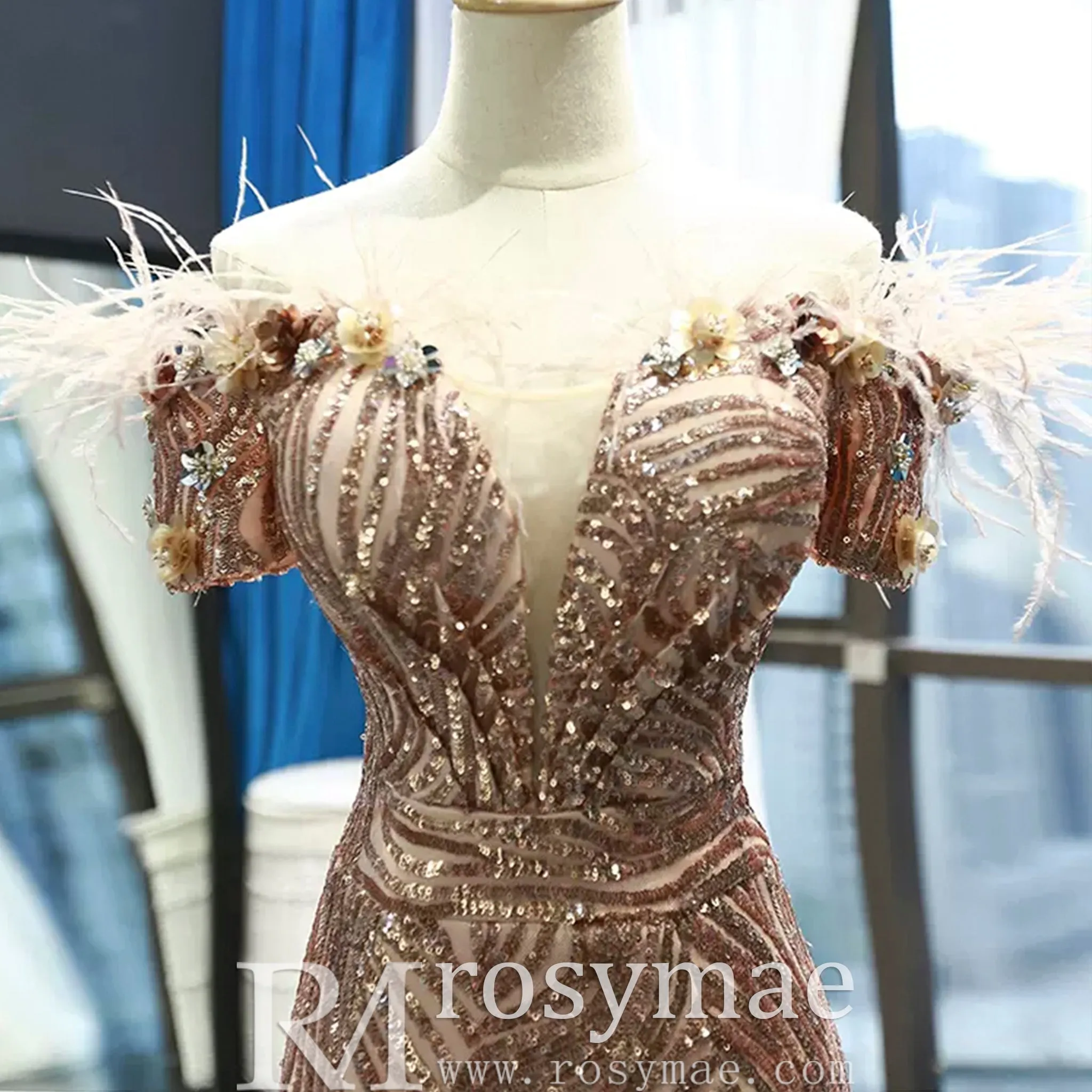 Sparkly Sequin Mermaid Prom Dress Brown Feather Pageant Gown