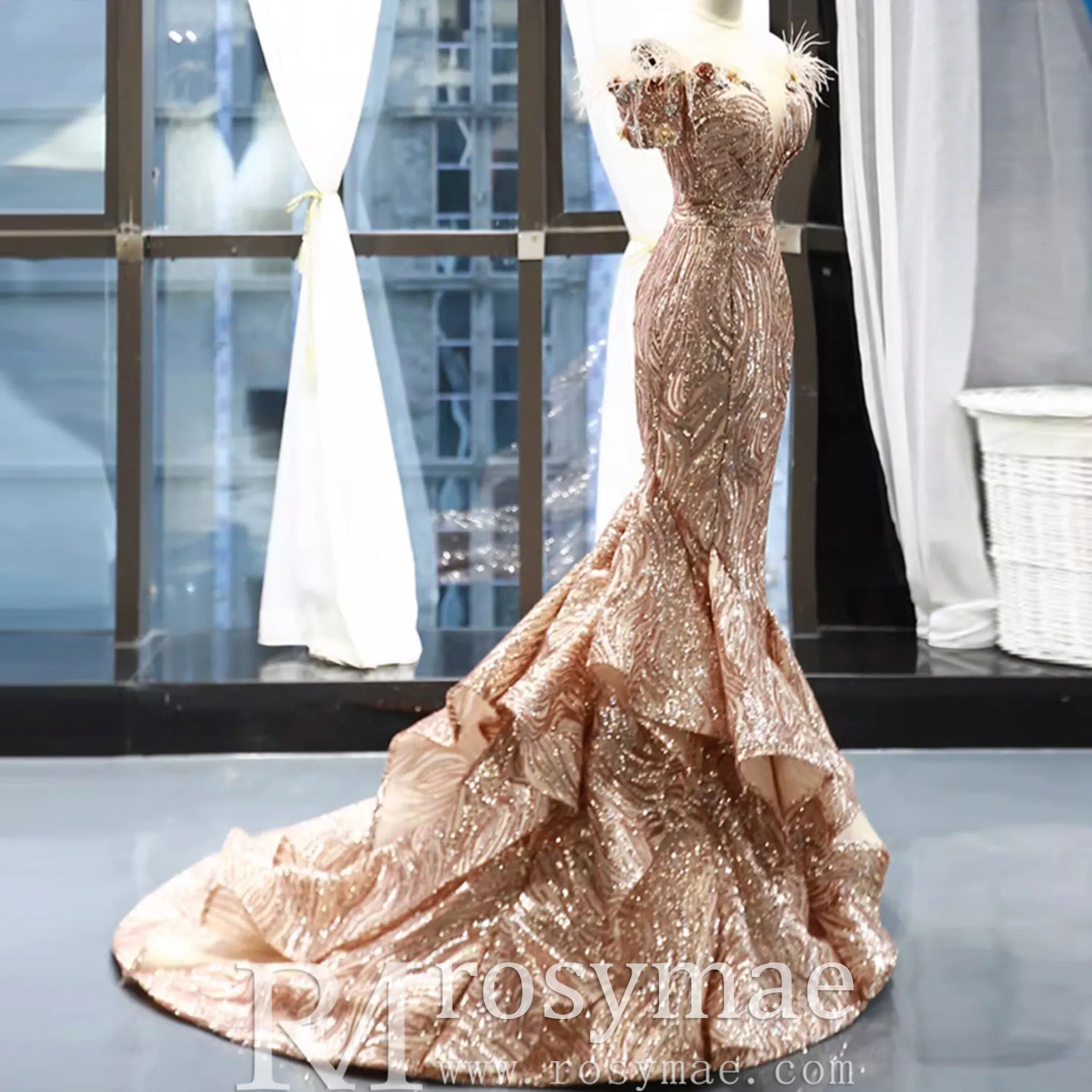 Sparkly Sequin Mermaid Prom Dress Brown Feather Pageant Gown