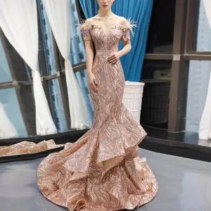 Sparkly Sequin Mermaid Prom Dress Brown Feather Pageant Gown