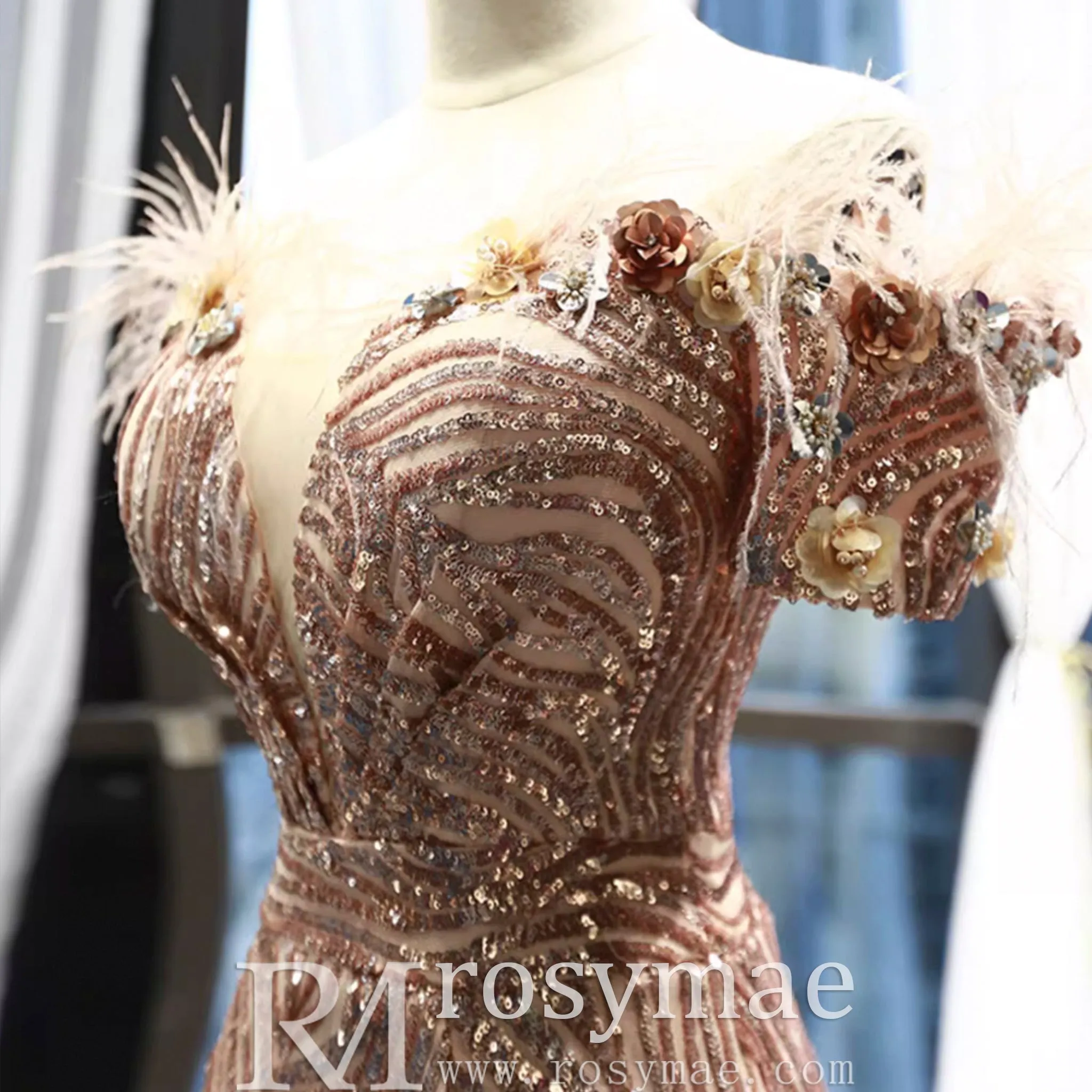 Sparkly Sequin Mermaid Prom Dress Brown Feather Pageant Gown