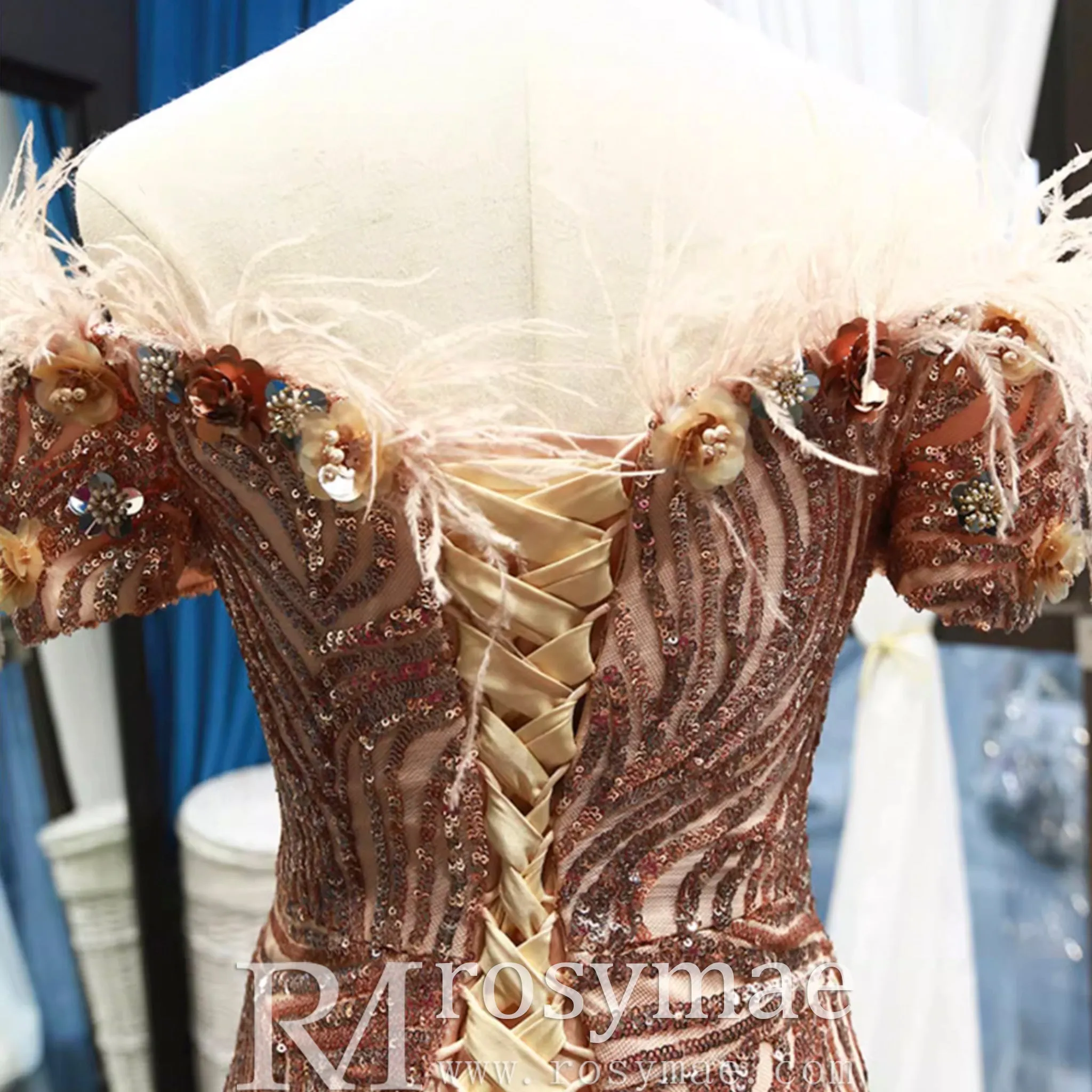 Sparkly Sequin Mermaid Prom Dress Brown Feather Pageant Gown