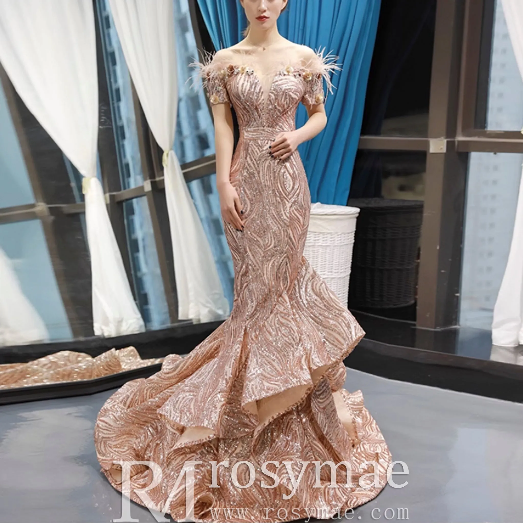 Sparkly Sequin Mermaid Prom Dress Brown Feather Pageant Gown