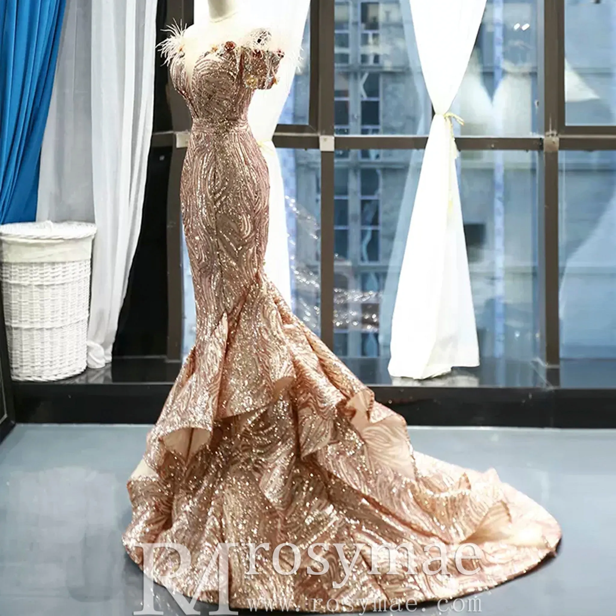 Sparkly Sequin Mermaid Prom Dress Brown Feather Pageant Gown