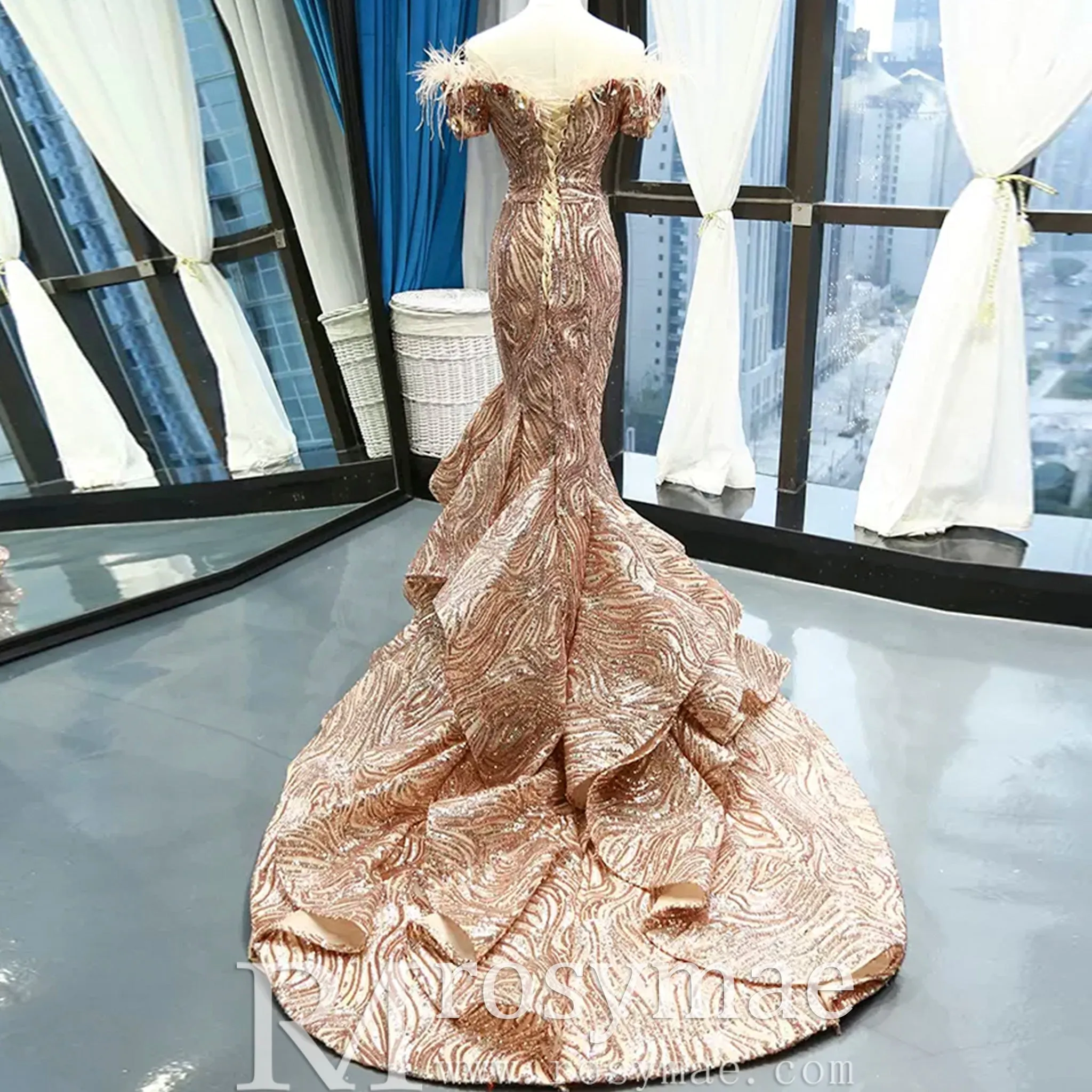 Sparkly Sequin Mermaid Prom Dress Brown Feather Pageant Gown