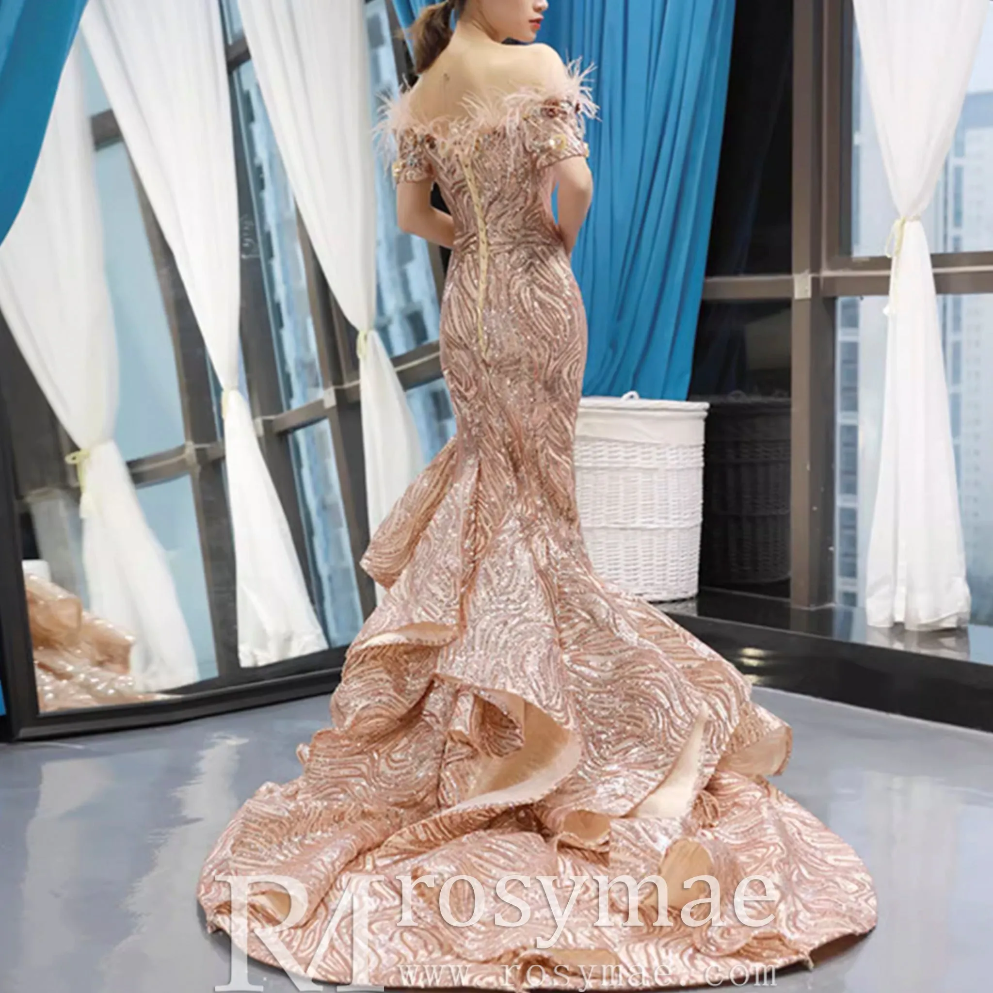 Sparkly Sequin Mermaid Prom Dress Brown Feather Pageant Gown