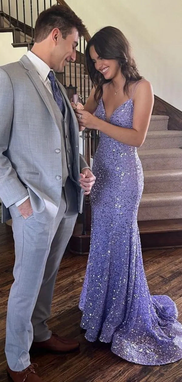 Sparkly V-neck Sleeveless Mermaid Sequin Long Prom Dresses With Trailing Online, OL528