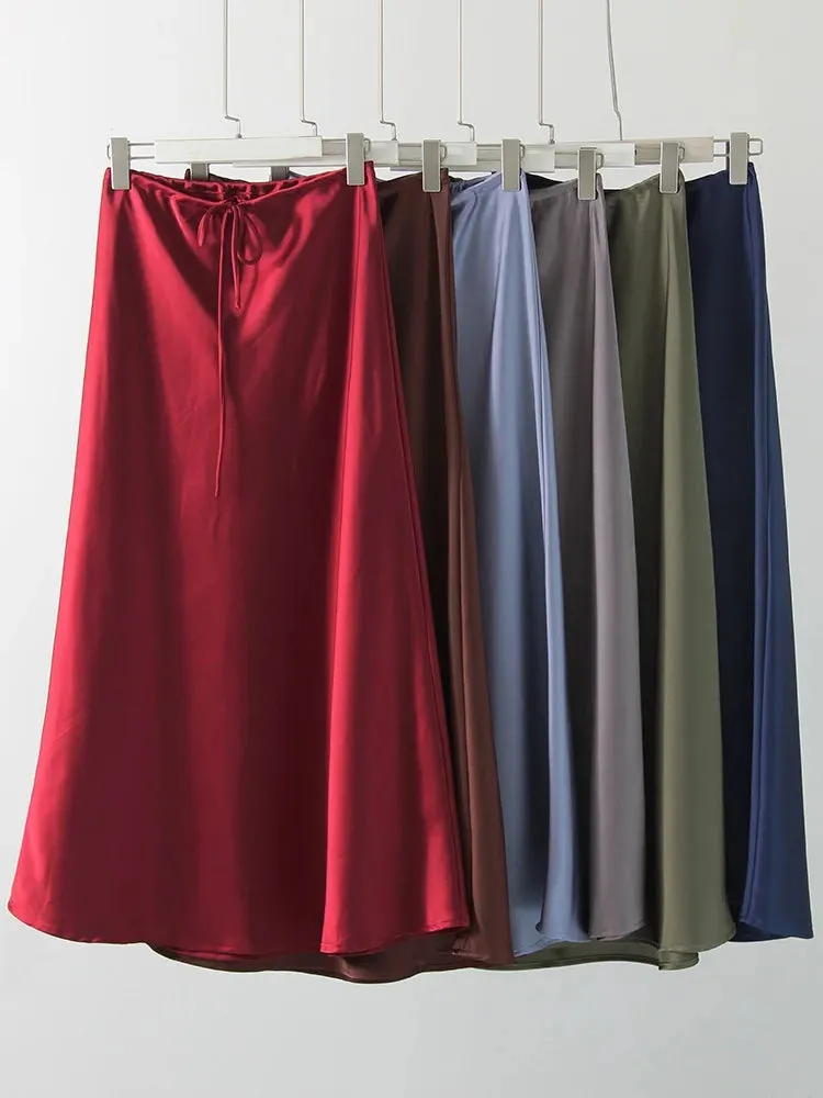 Spring Summer Straight Maxi Satin Silk Skirts