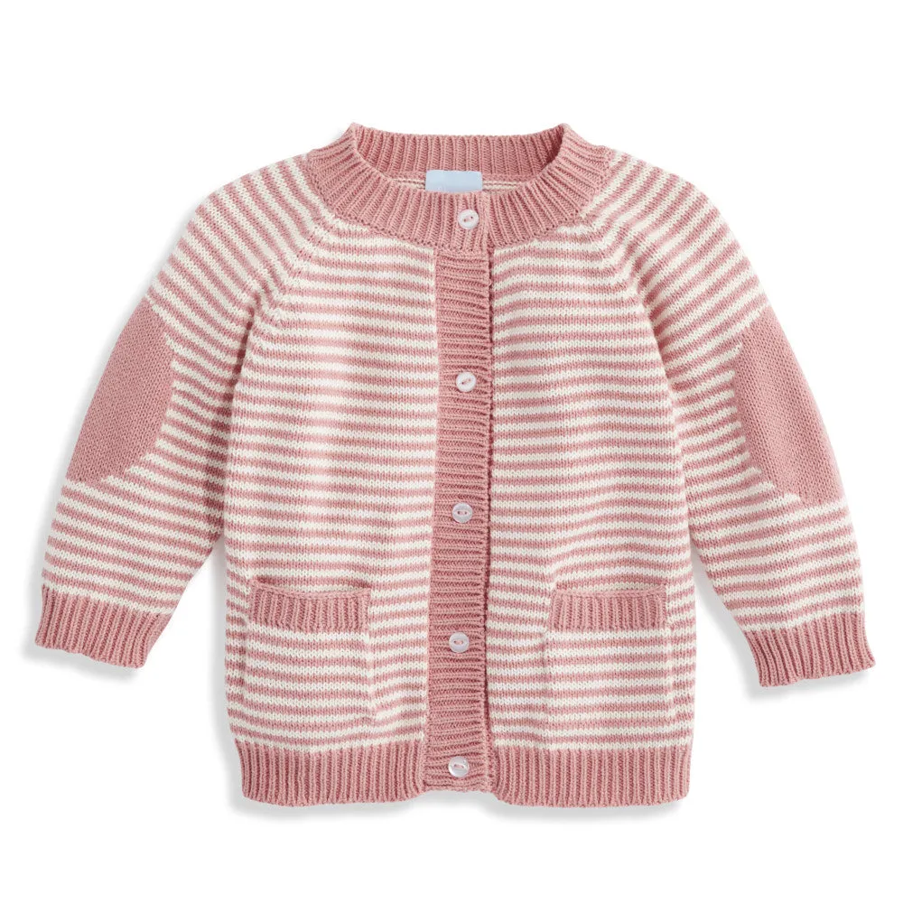 Striped Elbow Patch Cardigan -- Rose