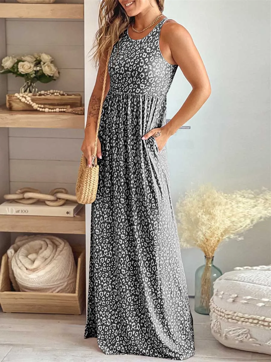 Stunncal Leopard Print Vest Sleeveless Long Dress