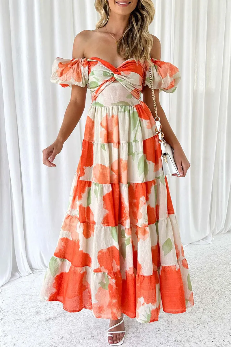 Sweet Elegant Floral Hollowed Out Off the Shoulder Printed Dresses