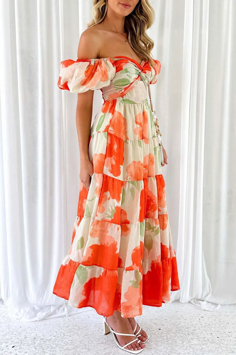 Sweet Elegant Floral Hollowed Out Off the Shoulder Printed Dresses