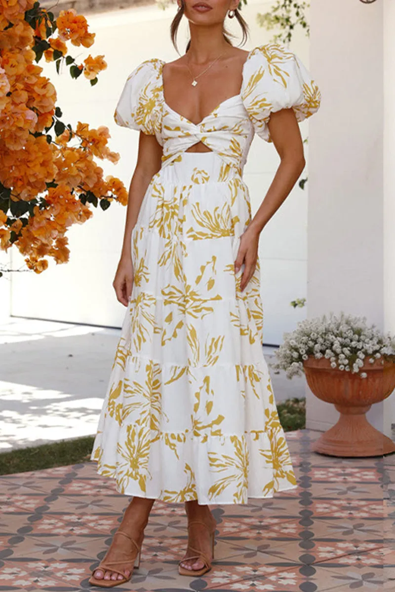 Sweet Elegant Floral Hollowed Out Off the Shoulder Printed Dresses