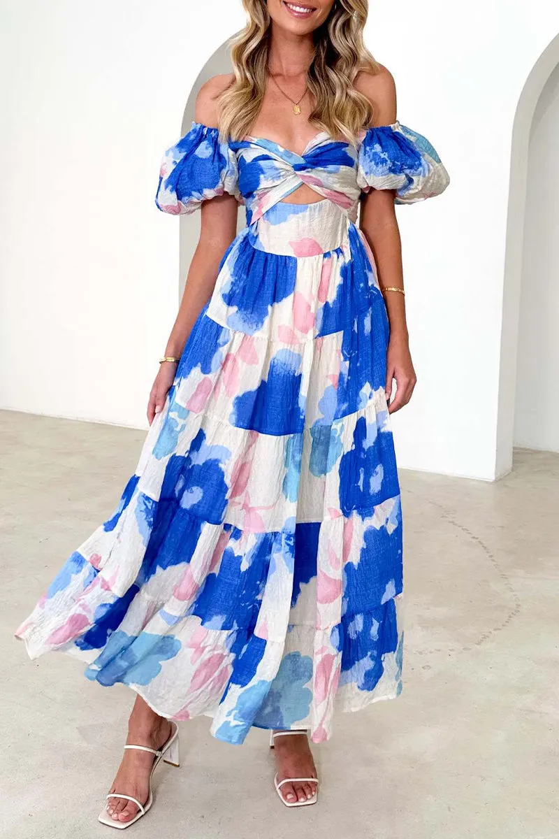Sweet Elegant Floral Hollowed Out Off the Shoulder Printed Dresses