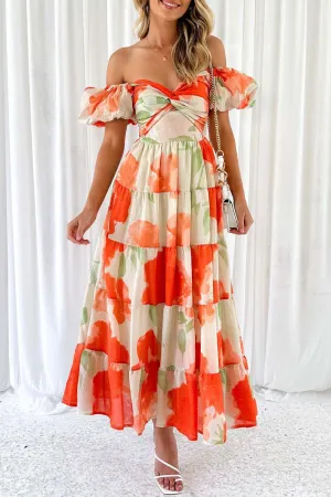 Sweet Elegant Floral Hollowed Out Off the Shoulder Printed Dresses
