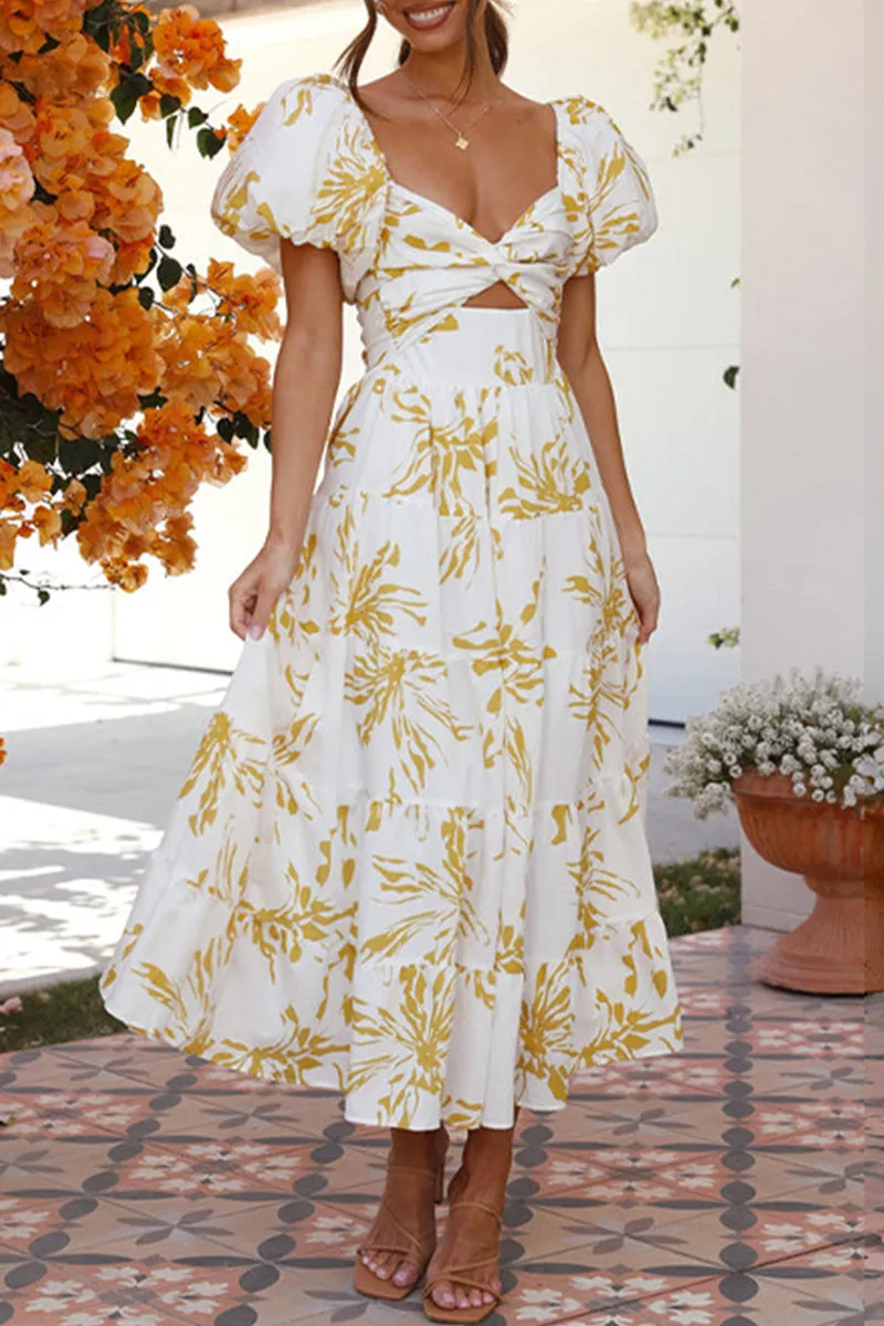 Sweet Elegant Floral Hollowed Out Off the Shoulder Printed Dresses