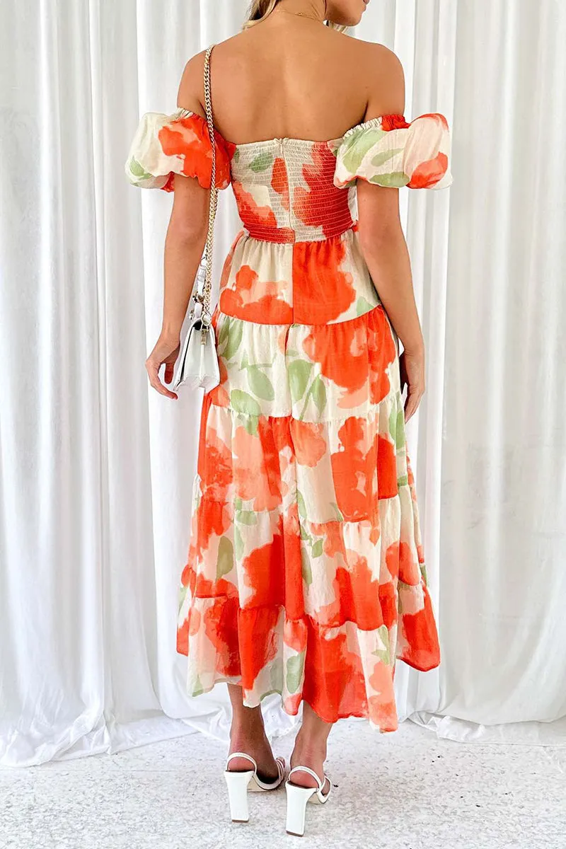 Sweet Elegant Floral Hollowed Out Off the Shoulder Printed Dresses