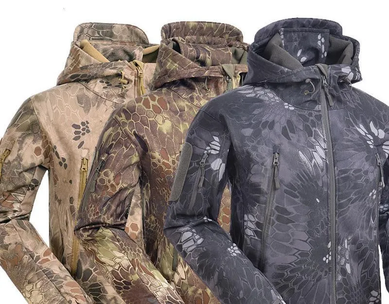Tactical Snake Camouflage Army Jacket Men Military Shark V4.5 Waterproof Soft Shell Outdoors Jackets Fleece Hooded Camo Clothes