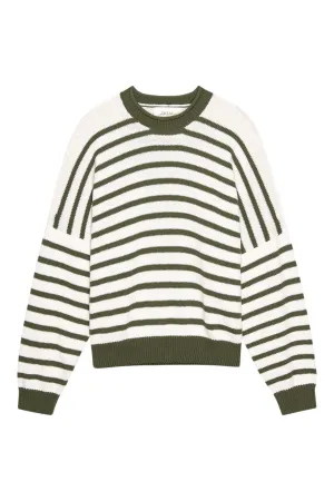 The Great Rollneck Pullover in Olive and Cream Stripe