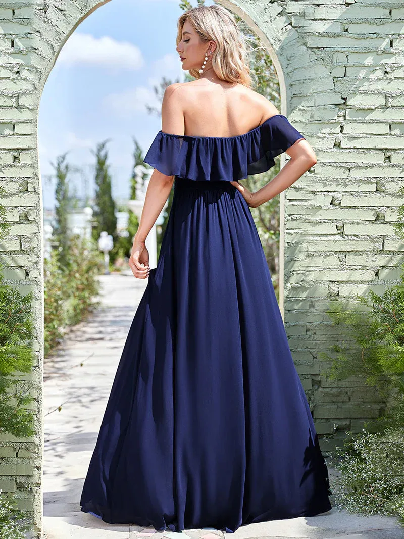 Thigh Slit Off Shoulder Straight Bridesmaid Dress