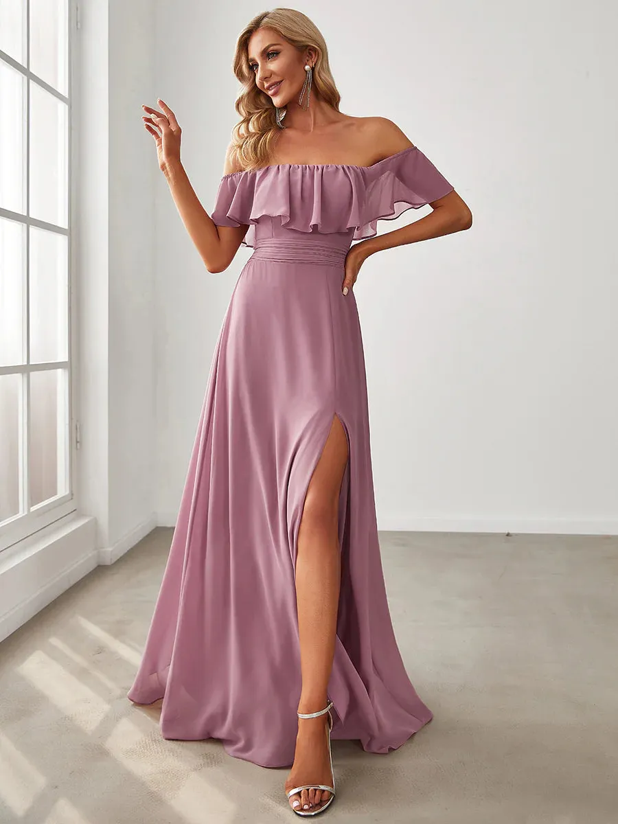 Thigh Slit Off Shoulder Straight Bridesmaid Dress