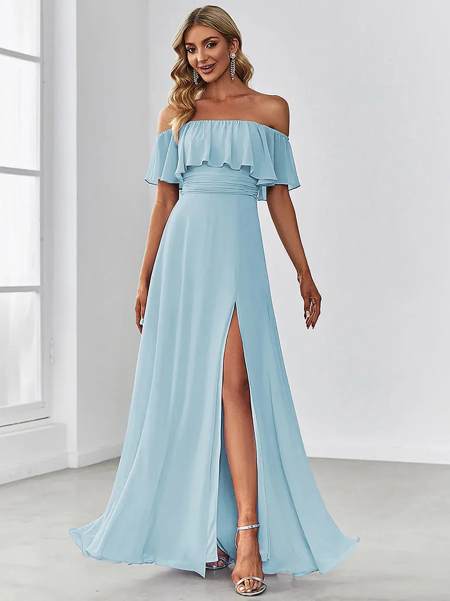 Thigh Slit Off Shoulder Straight Bridesmaid Dress