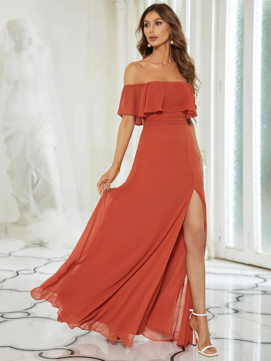 Thigh Slit Off Shoulder Straight Bridesmaid Dress