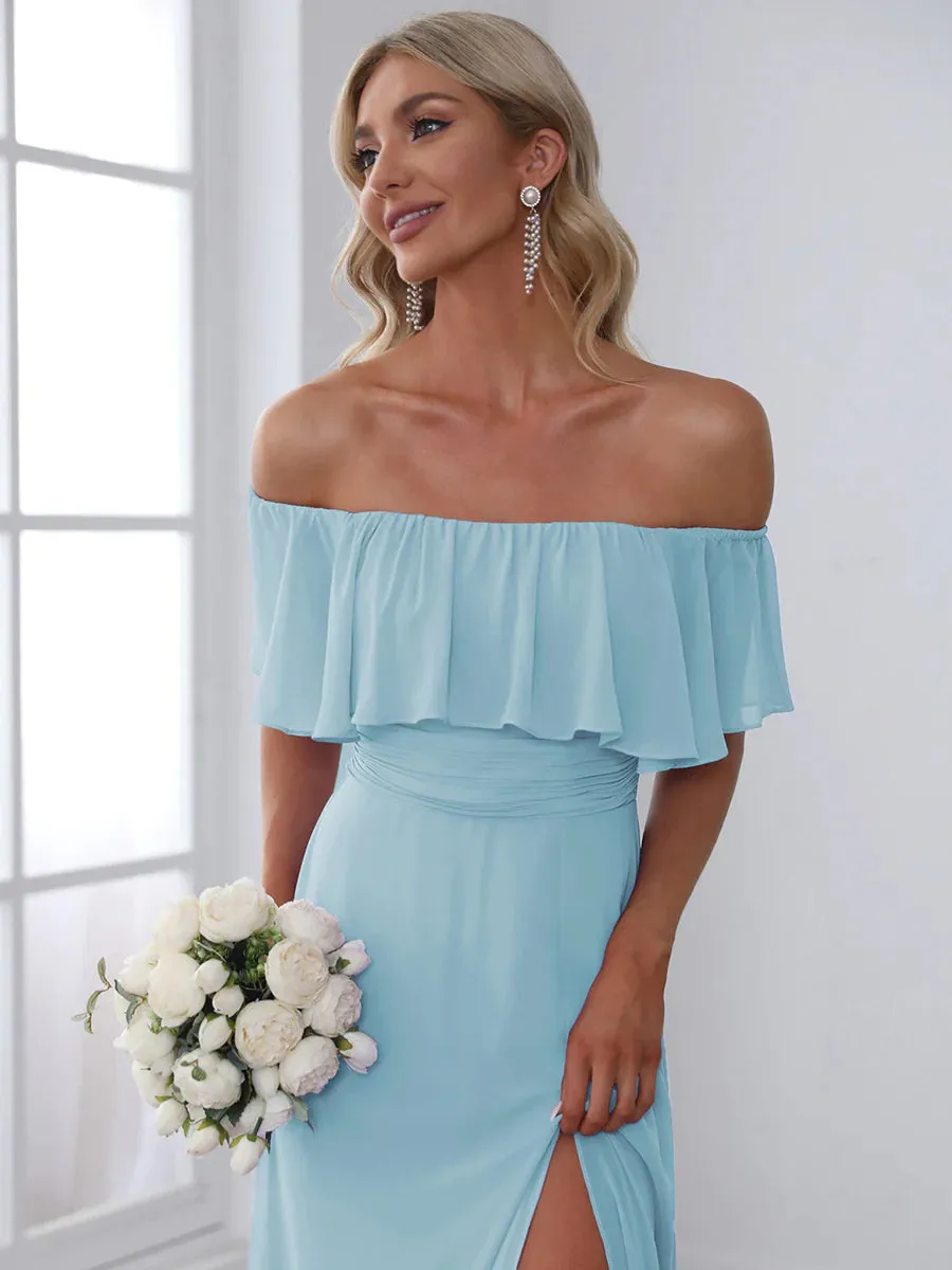 Thigh Slit Off Shoulder Straight Bridesmaid Dress