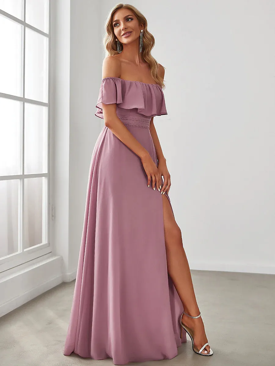 Thigh Slit Off Shoulder Straight Bridesmaid Dress