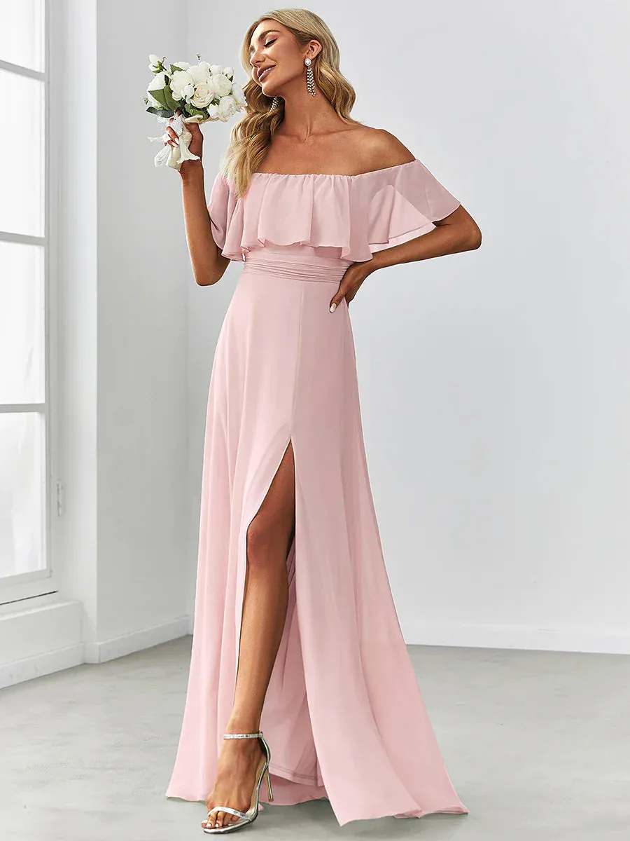 Thigh Slit Off Shoulder Straight Bridesmaid Dress