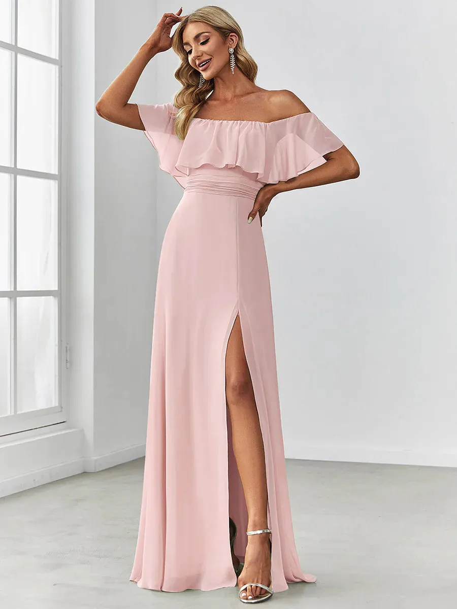Thigh Slit Off Shoulder Straight Bridesmaid Dress
