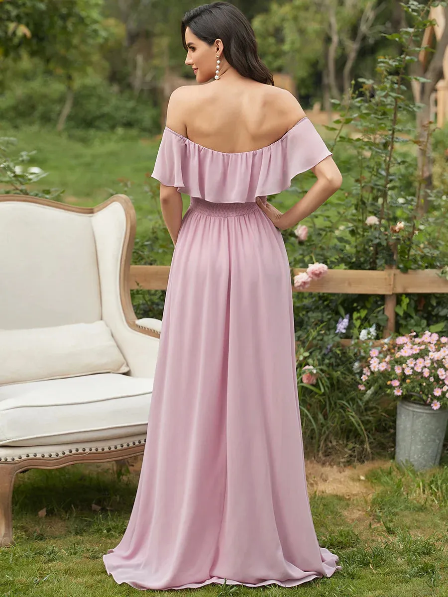 Thigh Slit Off Shoulder Straight Bridesmaid Dress