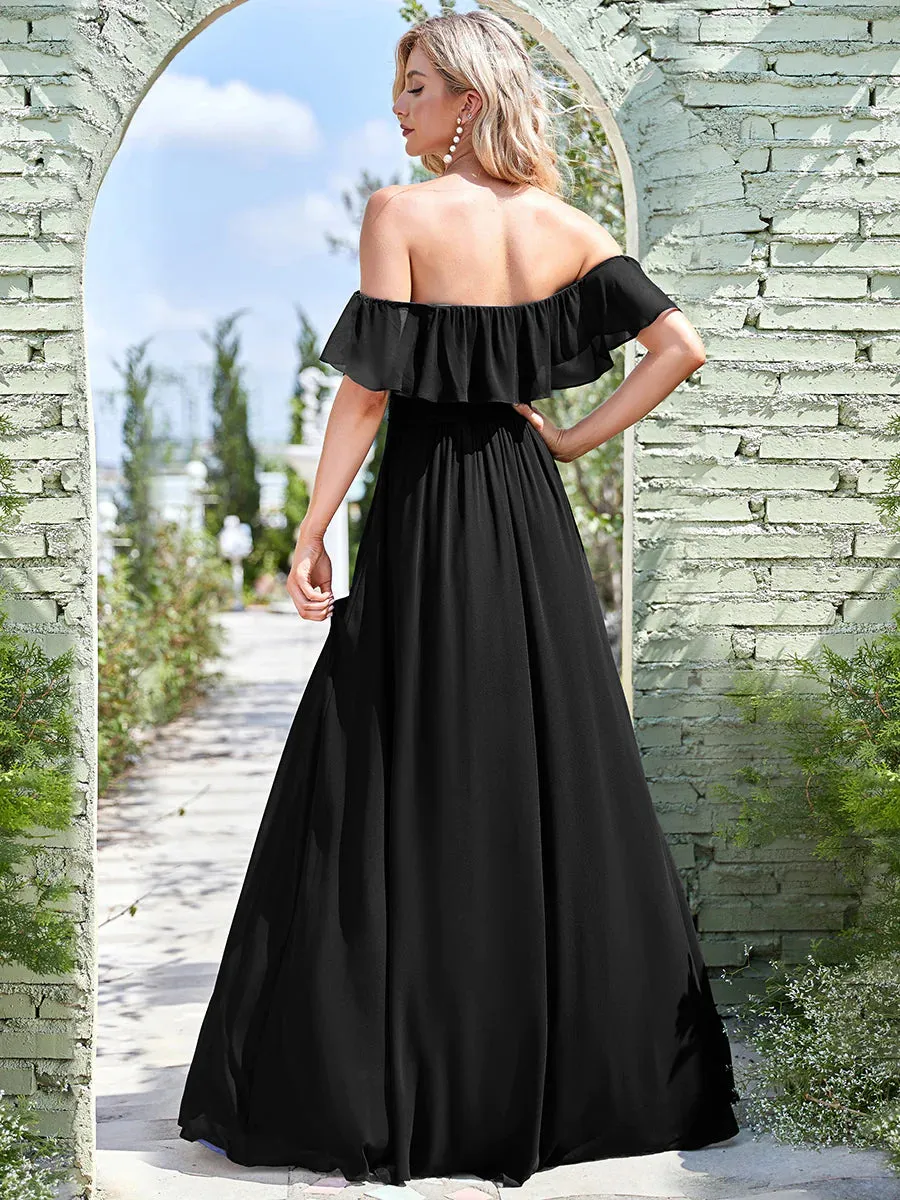 Thigh Slit Off Shoulder Straight Bridesmaid Dress