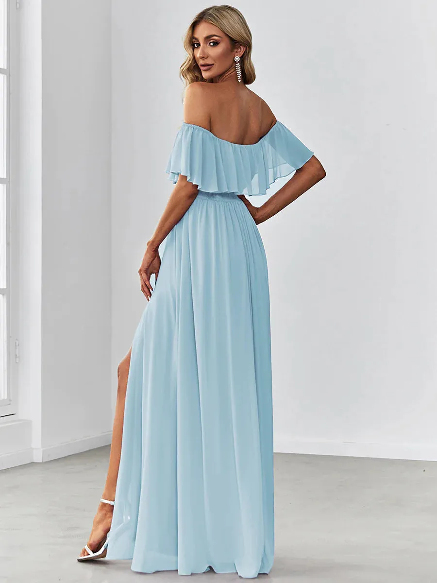 Thigh Slit Off Shoulder Straight Bridesmaid Dress