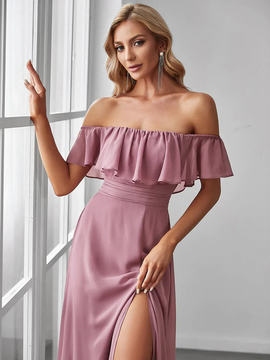 Thigh Slit Off Shoulder Straight Bridesmaid Dress