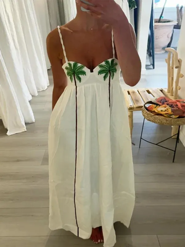 Tropical Print Maxi Dress with Coconut Tree Pattern