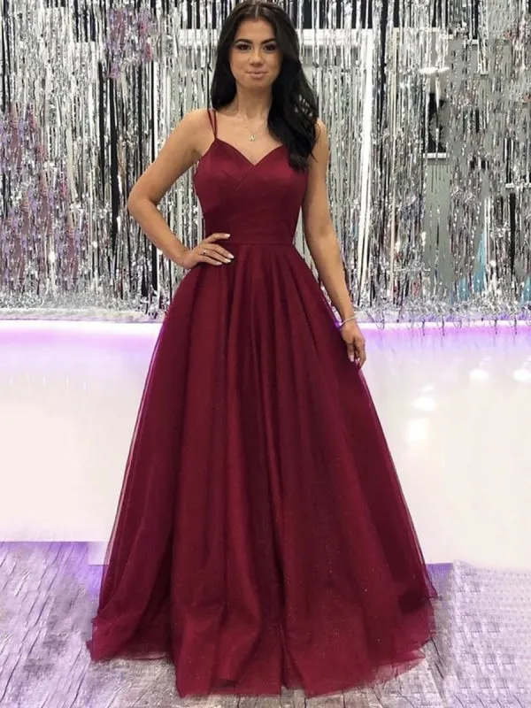 V Neck Burgundy Tulle Long Prom, Long Wine Red Tulle Formal Evening