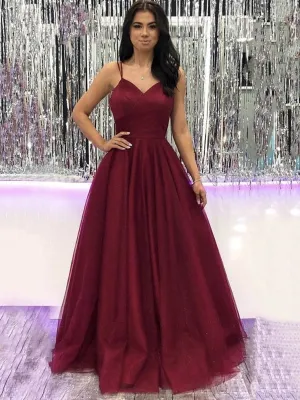 V Neck Burgundy Tulle Long Prom, Long Wine Red Tulle Formal Evening