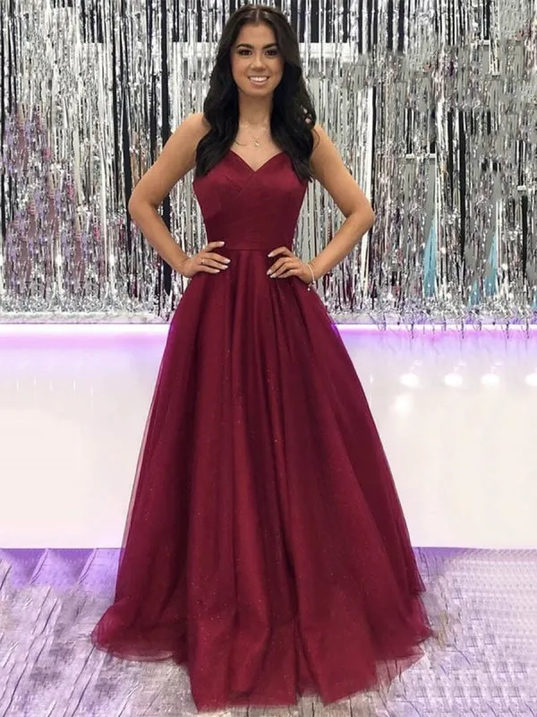 V Neck Burgundy Tulle Long Prom, Long Wine Red Tulle Formal Evening