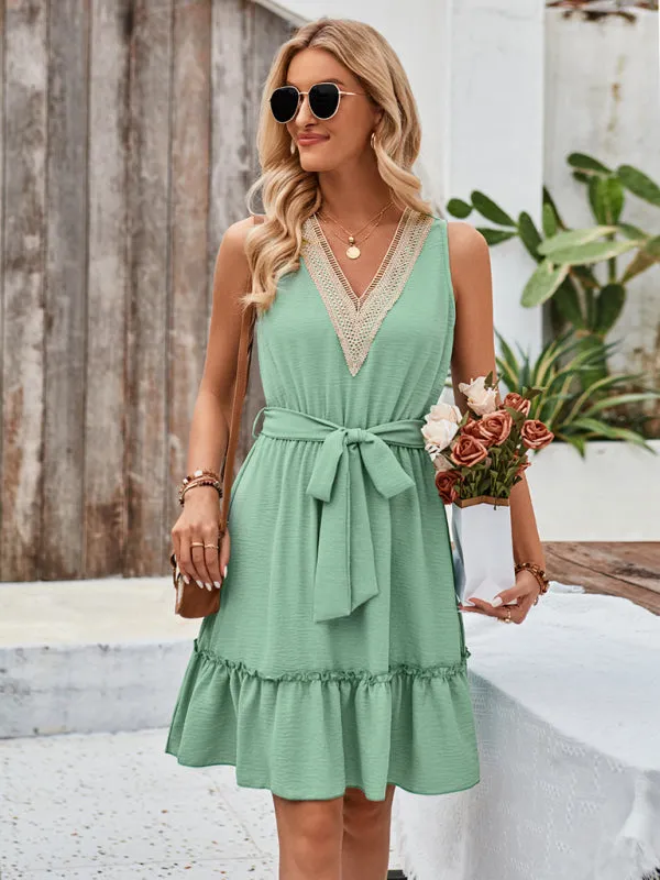 V-neck Sleeveless Dress with Lace Trim and Waist Tie